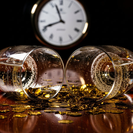 Whiskey in a glass and a clock on a black backgroundの素材