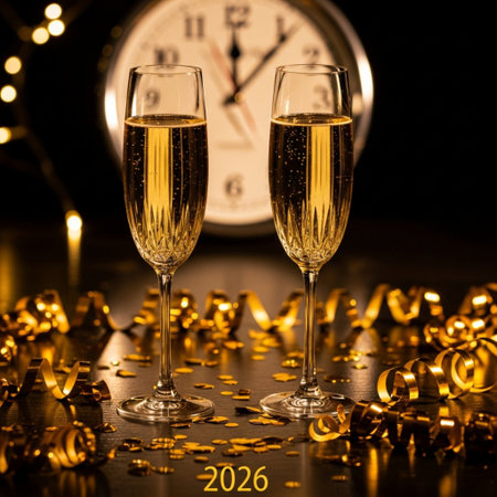 Two champagne glasses ready to bring in the New Year with golden confettiの素材