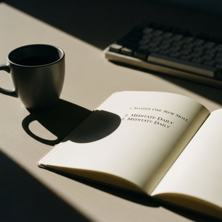 Coffee cup and notebook on the table with sunlight and shadowの素材