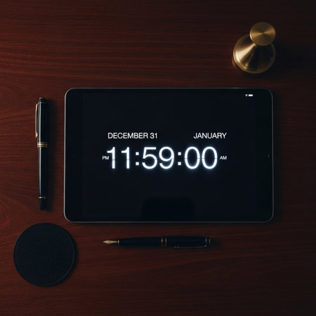 Top view of digital tablet on wooden table with text time is moneyの素材