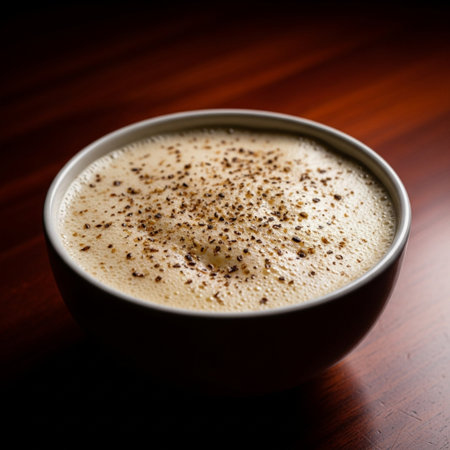 Cappuccino in a white cup on a wooden table.の素材