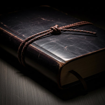 Old book tied with a rope on a dark background. Selective focus. Toned.の素材