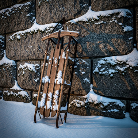 snowshoes on a background of a stone wall in winterの素材
