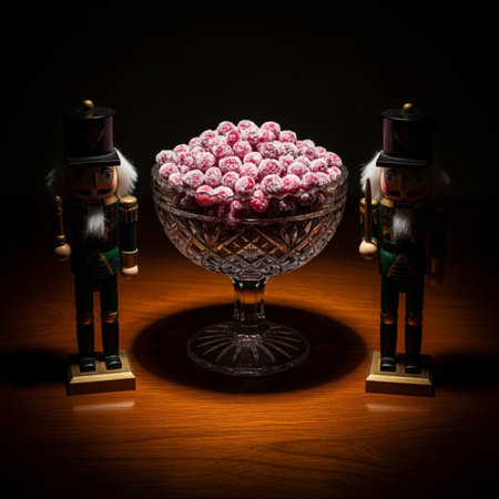 Christmas candies in a glass vase on a dark background.の素材