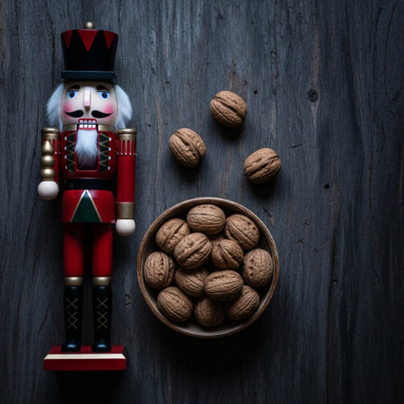 Nutcracker with walnuts on wooden background. Top view.の素材