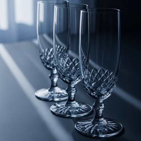 Three empty wine glasses on a dark blue background. Toned.の素材