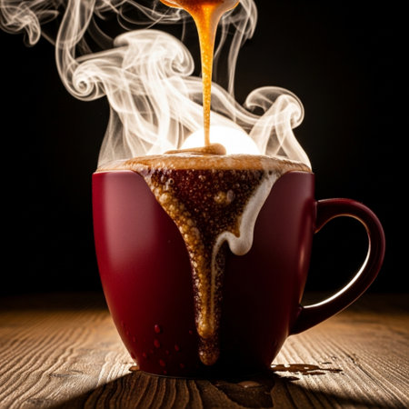 Cup of coffee with smoke on a wooden table. Black background.の素材