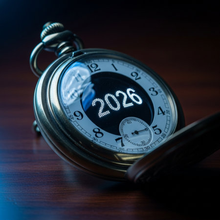 New Year 2019 concept. Vintage pocket watch on a wooden table.の素材
