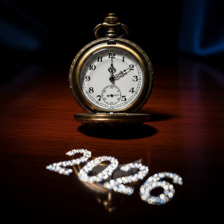 New Year 2019 concept. Pocket watch on wooden table with bokeh background.の素材