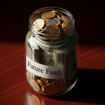 Glass jar full of coins and banknotes with the word  Futureの素材