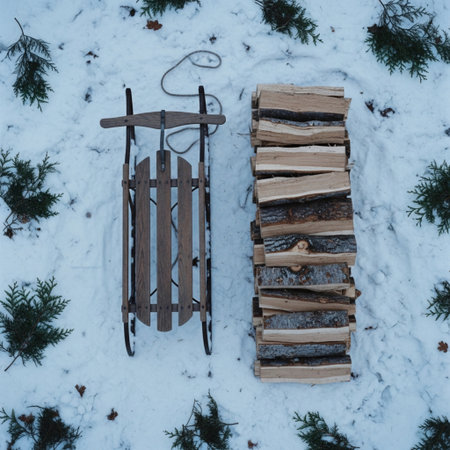 Wooden sleds in the snow. Winter landscape. View from above.の素材