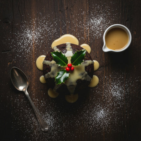 Christmas pudding with holly and icing sugar on dark wooden background, top viewの素材