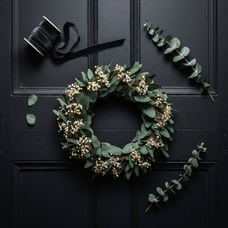 Wreath with eucalyptus branches on black wooden backgroundの素材