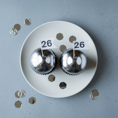 Cupcake with number twenty-five on a plate on a gray backgroundの素材