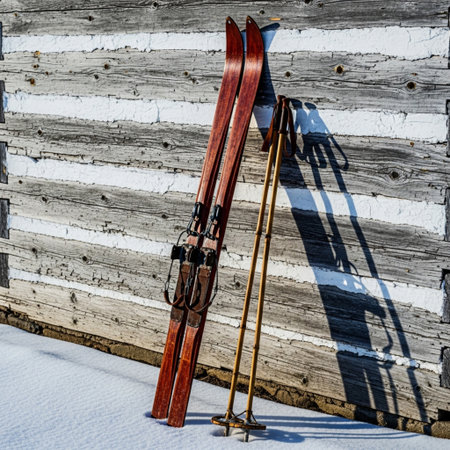 snowshoes and skis in front of a wooden wallの素材