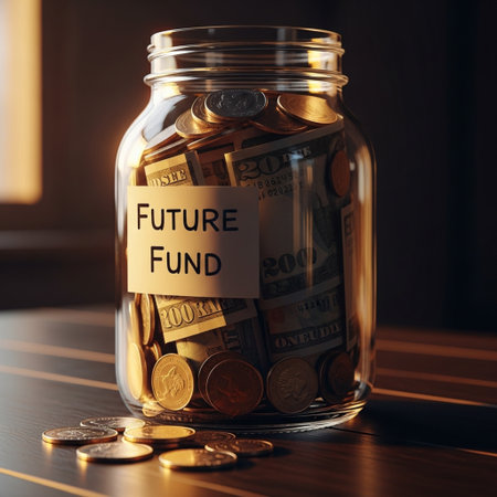 Glass jar with coins and label Future FUND. Financial concept.の素材