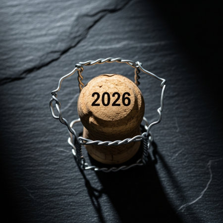 Champagne cork with the word 2026 on a black backgroundの素材