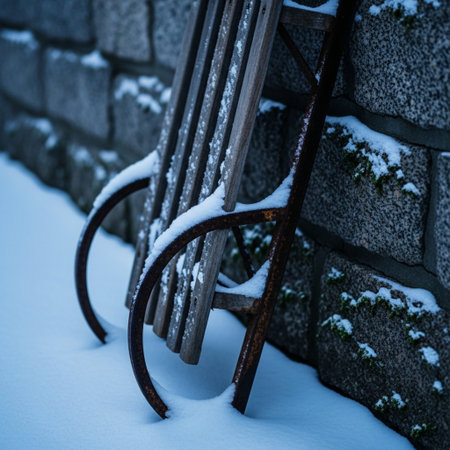 Abandoned iron fence covered with snow in winter, close upの素材