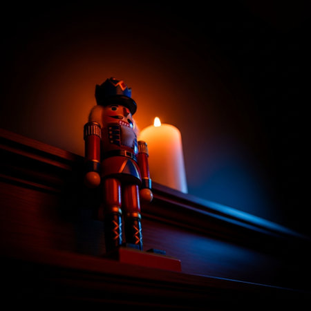 Vintage wooden toy robot with burning candle on dark background. Selective focusの素材