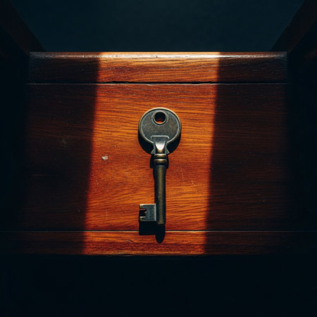 Old key in a wooden chest of drawers. Dark background.の素材
