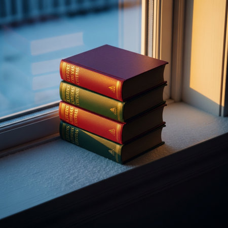 Pile of books on the windowsill. Selective focus.の素材
