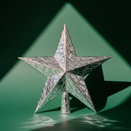 Silver star on a green background with a shadow. Christmas decoration.の素材