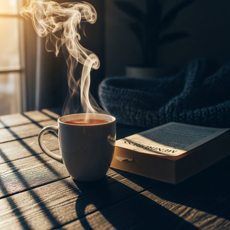 Cup of coffee and book on wooden table in cozy room.の素材