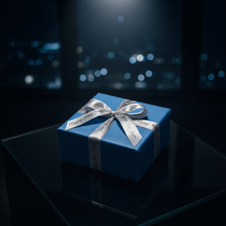 Blue gift box with silver ribbon and bow on glass table with bokeh backgroundの素材