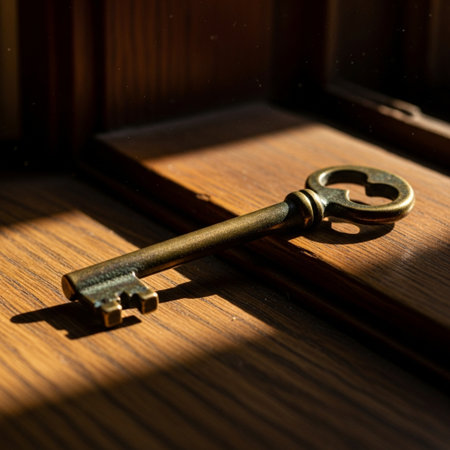 Key on a wooden door in a dark keyhole, close-upの素材