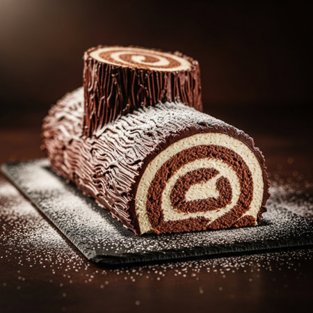 Chocolate roll cake with cream on a wooden background. Toned.の素材