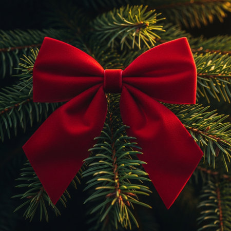 Red bow tie on the Christmas tree. New Year's concept.の素材