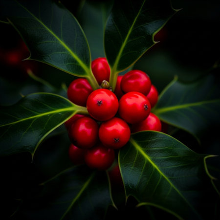 Holly with red berries on a dark background. Christmas card.の素材