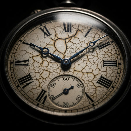 Closeup of old clock face on black background. Time concept.の素材
