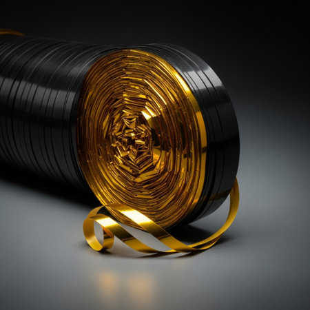 Roll of golden ribbon on a black background. 3d illustration.の素材
