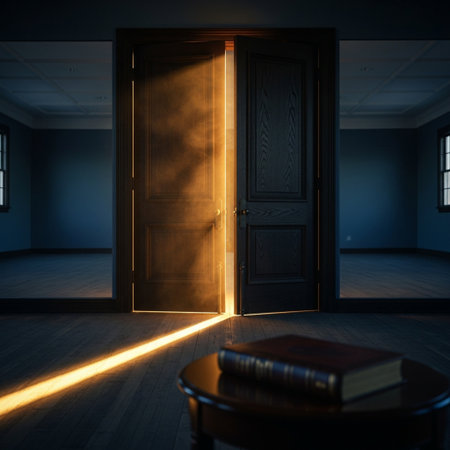 Door with light coming through the open door. 3d renderingの素材