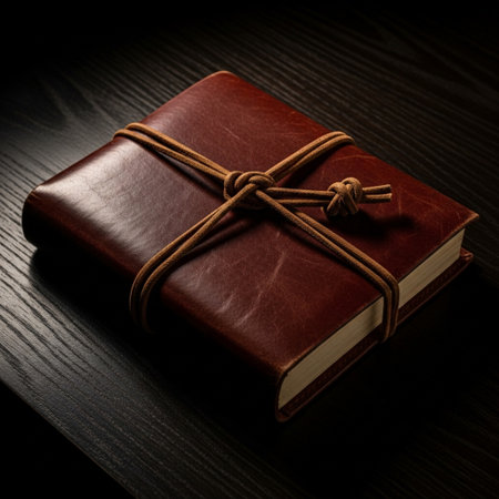 Brown book tied with a rope on a wooden table. Toned.の素材