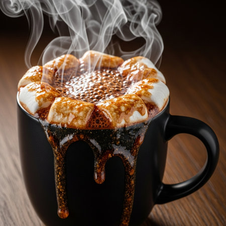 Hot chocolate with marshmallow in black cup on wooden table, closeupの素材