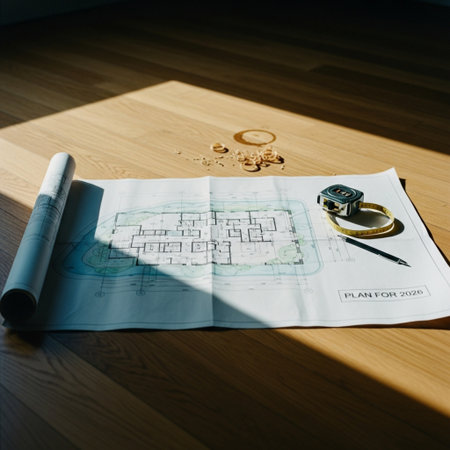 Architectural plans on a wooden table with a blueprint of a houseの素材