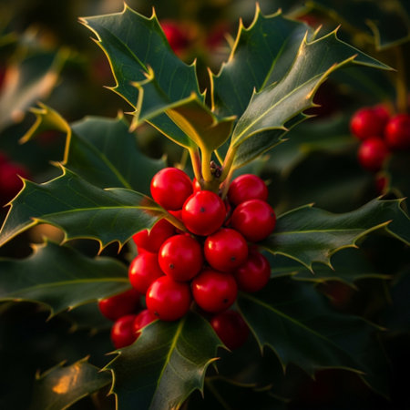Holly berry with green leaves and red berries in the winterの素材