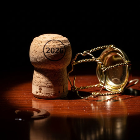 Champagne cork and bottle on wooden table with dark background.の素材