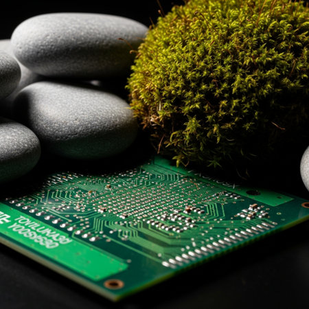 Green microcircuit on a black background with moss and pebblesの素材