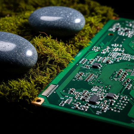 Electronic circuit board with moss and stones on a black background.の素材