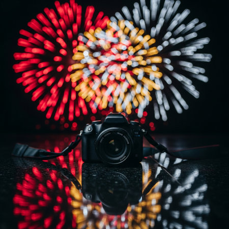 Close-up of a digital camera on a dark background with fireworksの素材