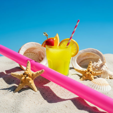 Summer cocktail with straws on the beach with seashells and starfishの素材