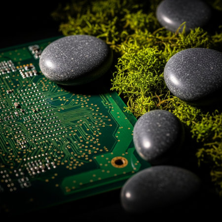 Electronic circuit board with green moss and stones on black background.の素材