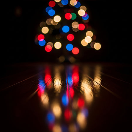 christmas tree with colorful bokeh lights on the wooden floorの素材