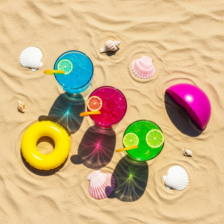 Colorful cocktails on the beach. Summer vacation concept. Top viewの素材