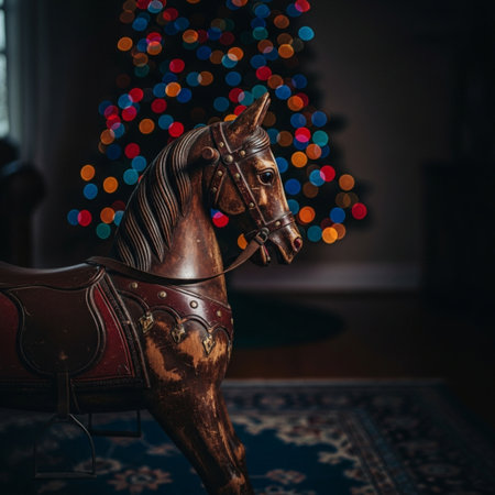 Horse in the room with a Christmas tree and bokehの素材
