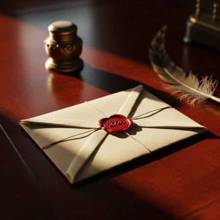 Envelope with wax seal and feather on the table. Retro styleの素材