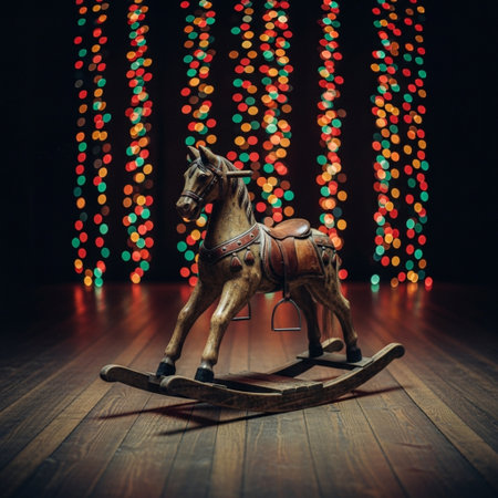 Horse toy on wooden floor in dark room with garland lightsの素材